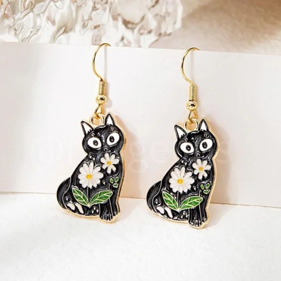 Cat Kitty Flower Shape Gold Tone Dangle Drop Earrings Black - Picture 1 of 5